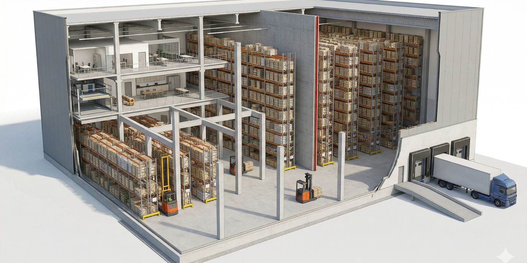 Detaillierter Querschnitt einer aktiven Hochregallogistik mit Staplern, Hochregalen, Mezzanine und Brandschutzwand, zur Illustration der Brutto-Lagerflächen-Nutzung und -Effizienz. 